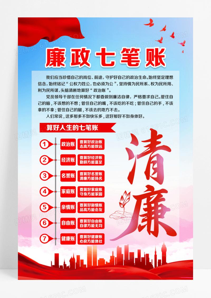 红色大气党建背景廉政七笔账宣传海报设计