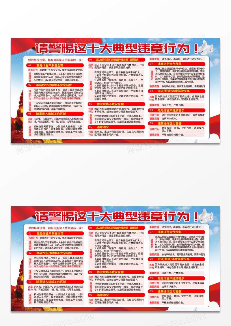 红色简约请警惕这十大安全违章行为安全违章展板宣传