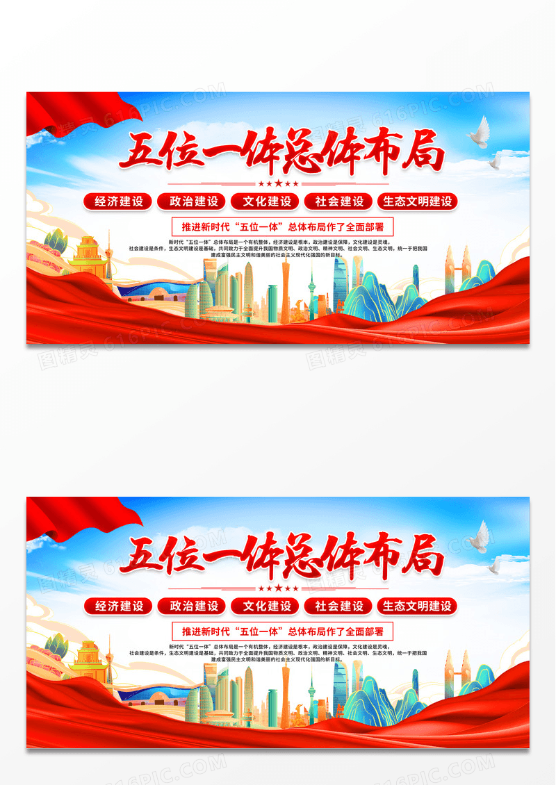 蓝色党政五位一体总体布局展板