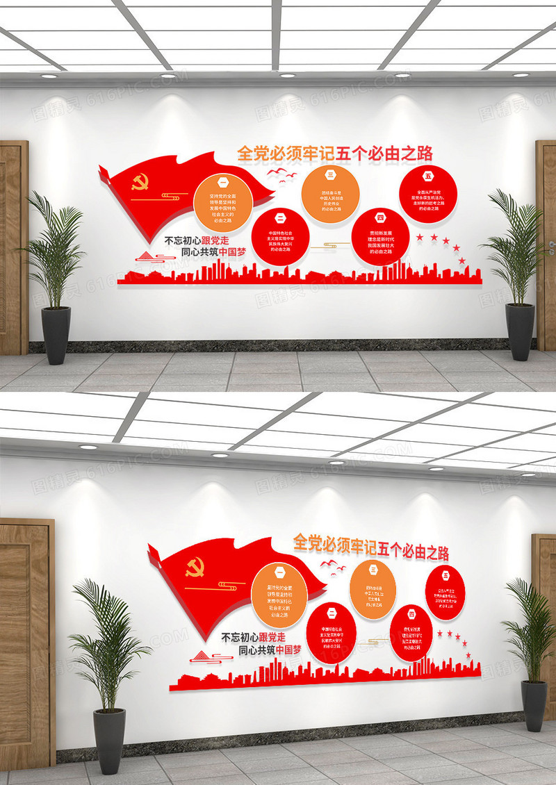 红色简约二十大五个必由之路党建文化墙