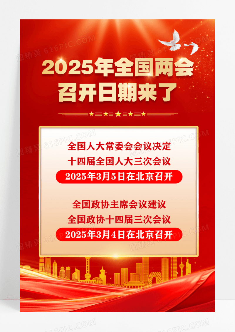 红色党建风格2025年聚焦两会时间海报聚焦