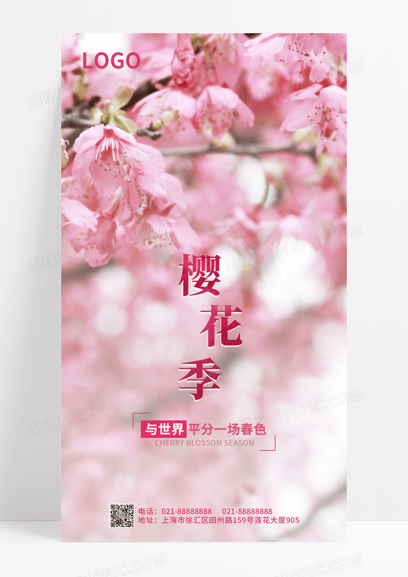 粉色简约实景樱花樱花节ui手机海报春天春季樱花宣传海报