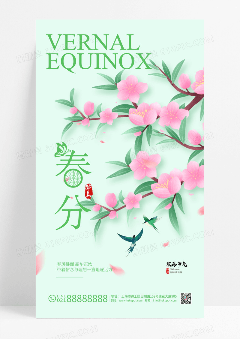 简约植物春天绿叶春分节气海报