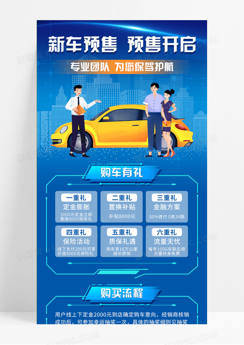 蓝色渐变商务新车预售矢量插画营销长图