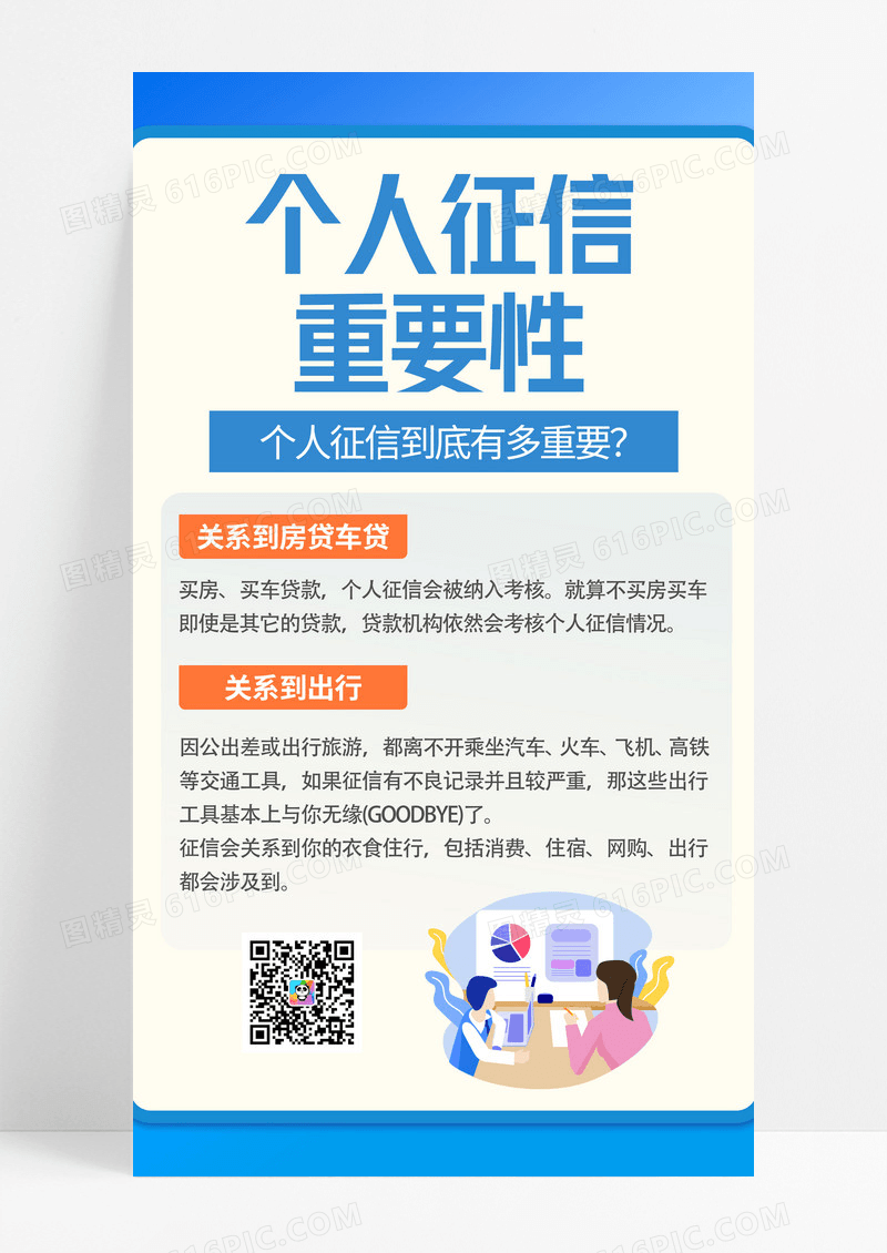 蓝色卡通个人征信重要性有多重要知识宣传手机海报