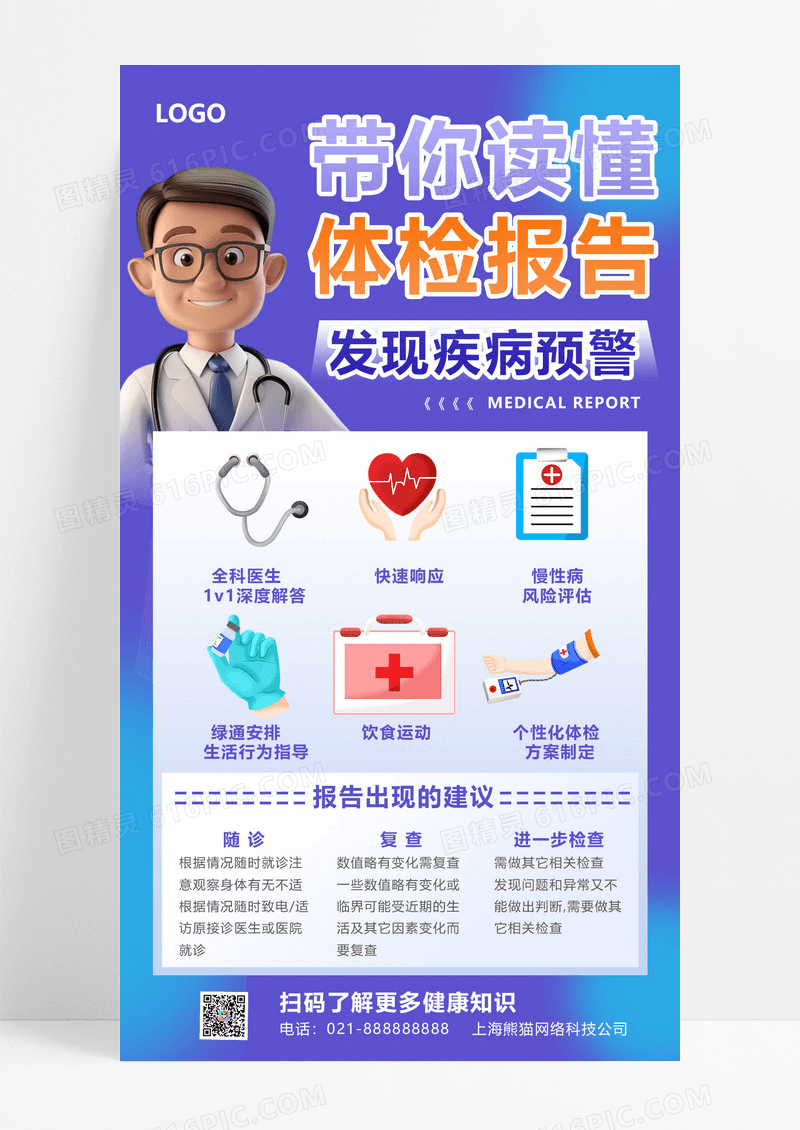 体检报告解读科普医疗健康蓝色简约宣传海报