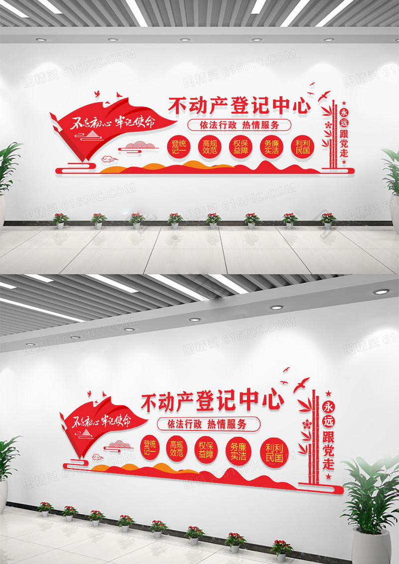红色简约国土资源局不动产登记中心文化墙