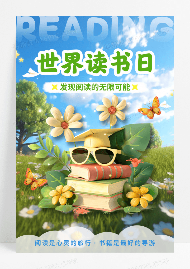 绿色清新风3D风世界读书日宣传海报