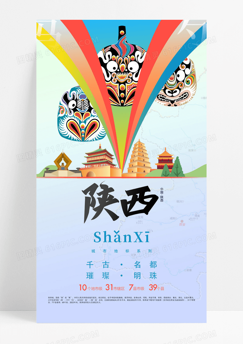 渐变多巴胺陕西城市旅游千古名都璀璨明珠海报