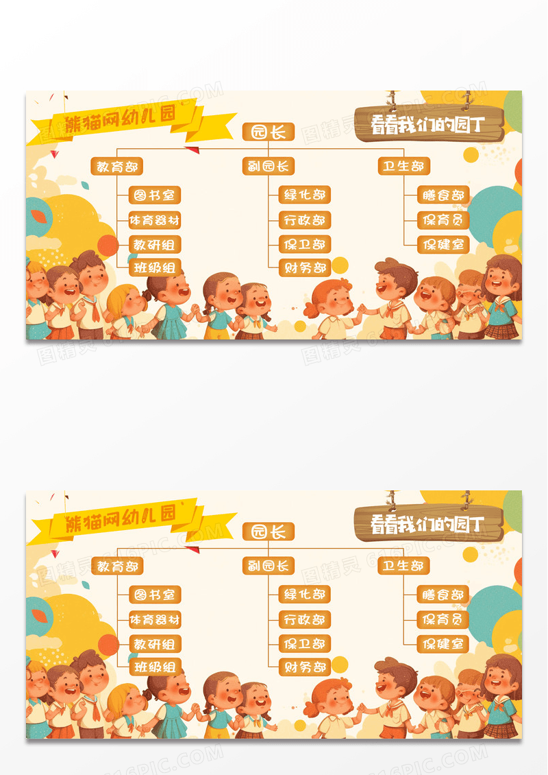 橙色幼儿园组织结构展板卡通宣传栏海报创意展板人员组织架构图