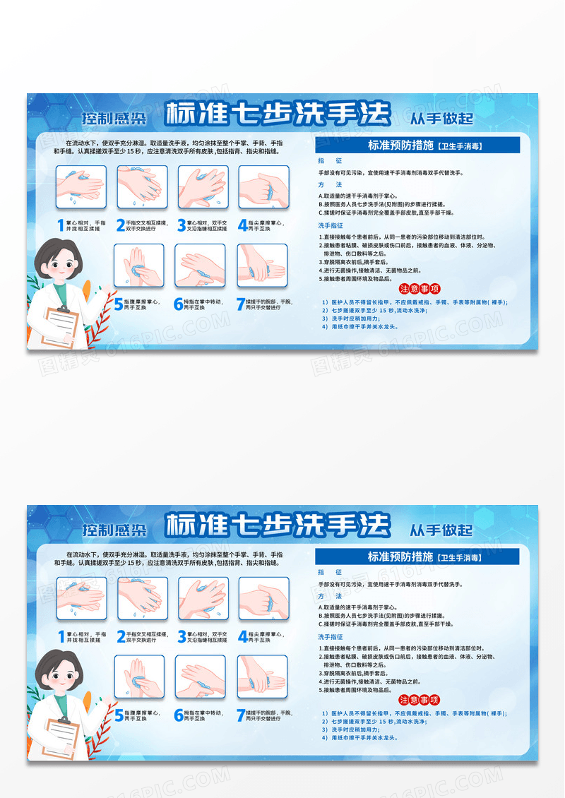 蓝色卡通创意七步洗手法宣传栏展板