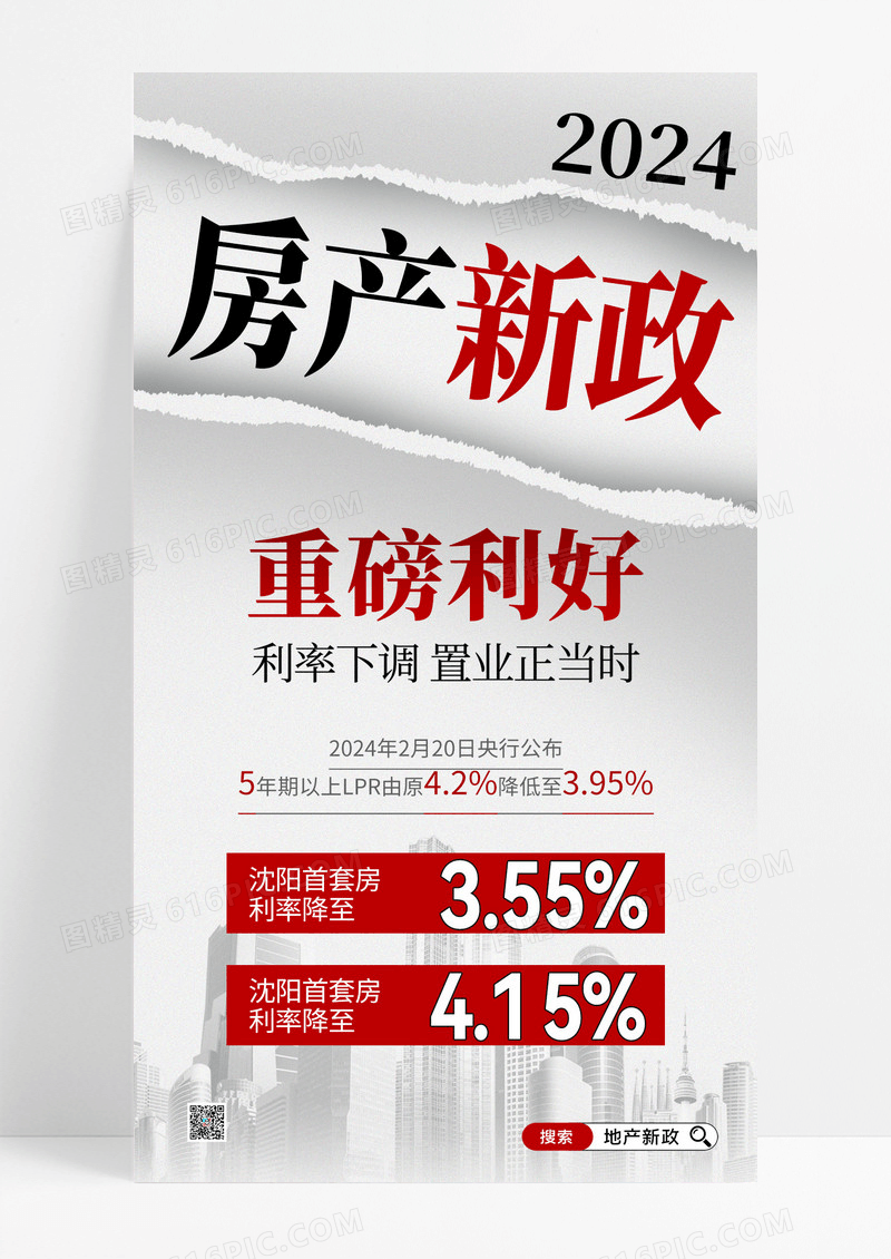 白色简约撕纸2024房产新政重磅利好海报