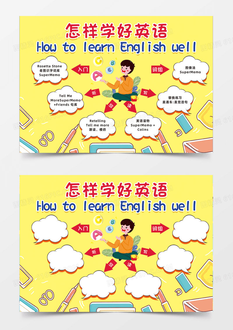 怎样学好英语思维导图气泡对话框黄色创意手抄报