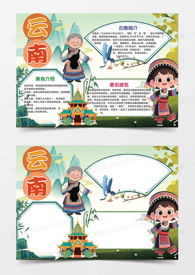 云南城市旅游人物手绘国风边框简约手抄报