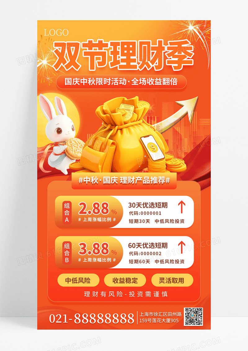 橙色喜庆中秋国庆金融理财手机海报海报素材