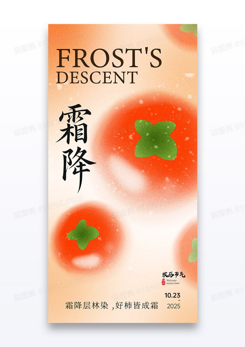 红色弥散风二十四节气弥散霜降柿子海报