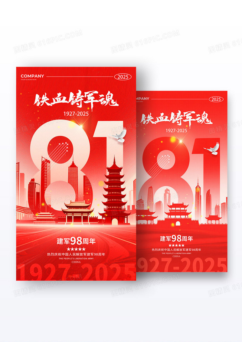 红色八一建军节98周年党政海报组合