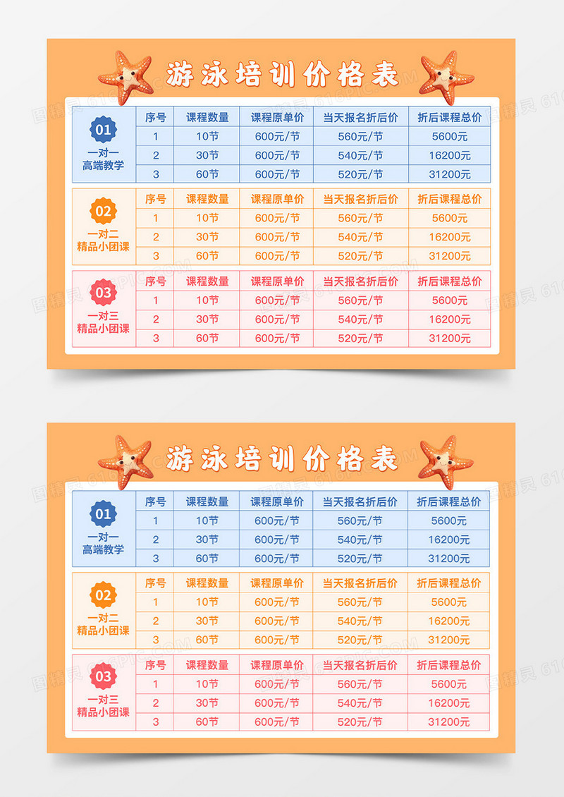 橙色卡通游泳培训价格表游泳培训价目表课程表手抄报