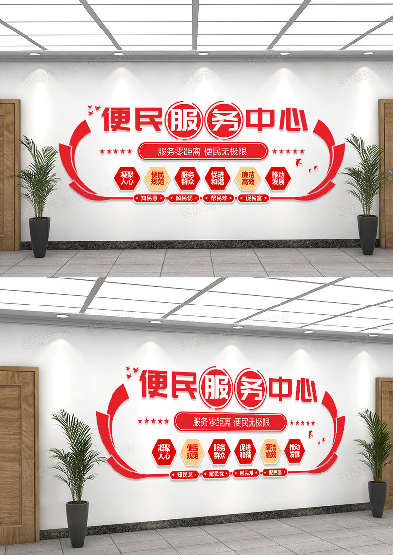 红色造型款大气简约便民服务中心文化墙设计
