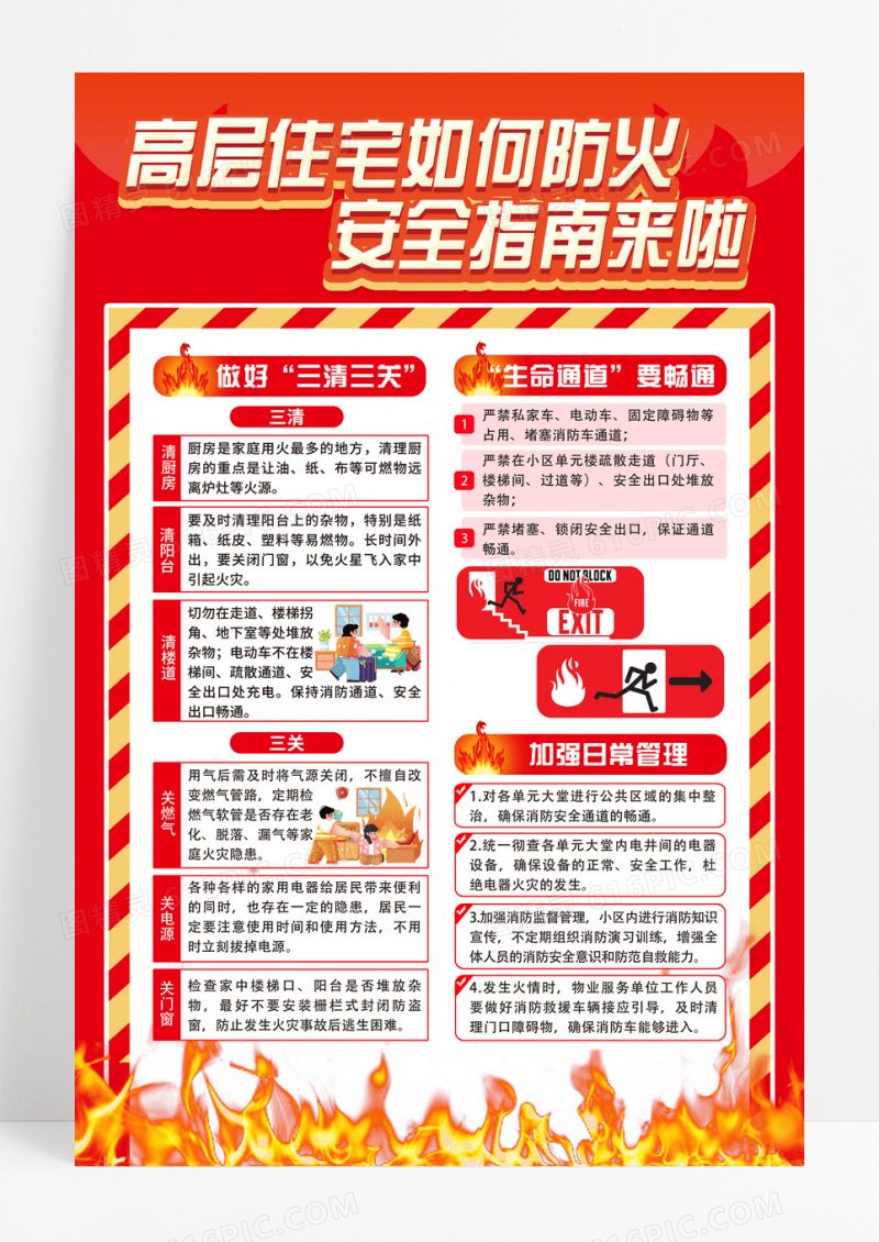 红色高层防火安全指南海报