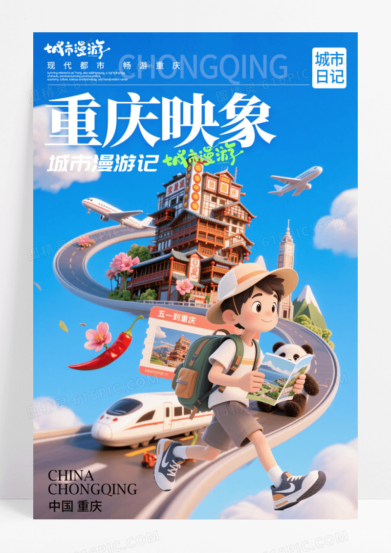 蓝色3D风格重庆印象旅游宣传海报