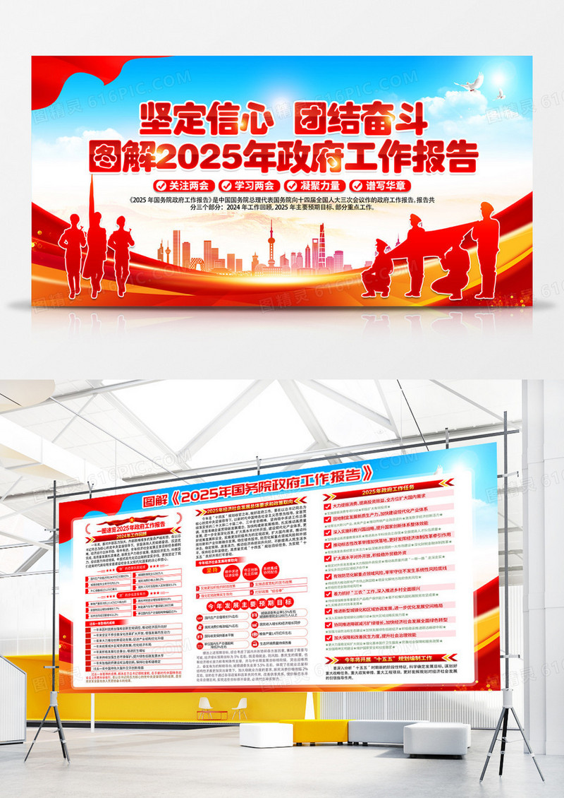蓝色图解2025年两会工作报告2025年全国两会党建展板