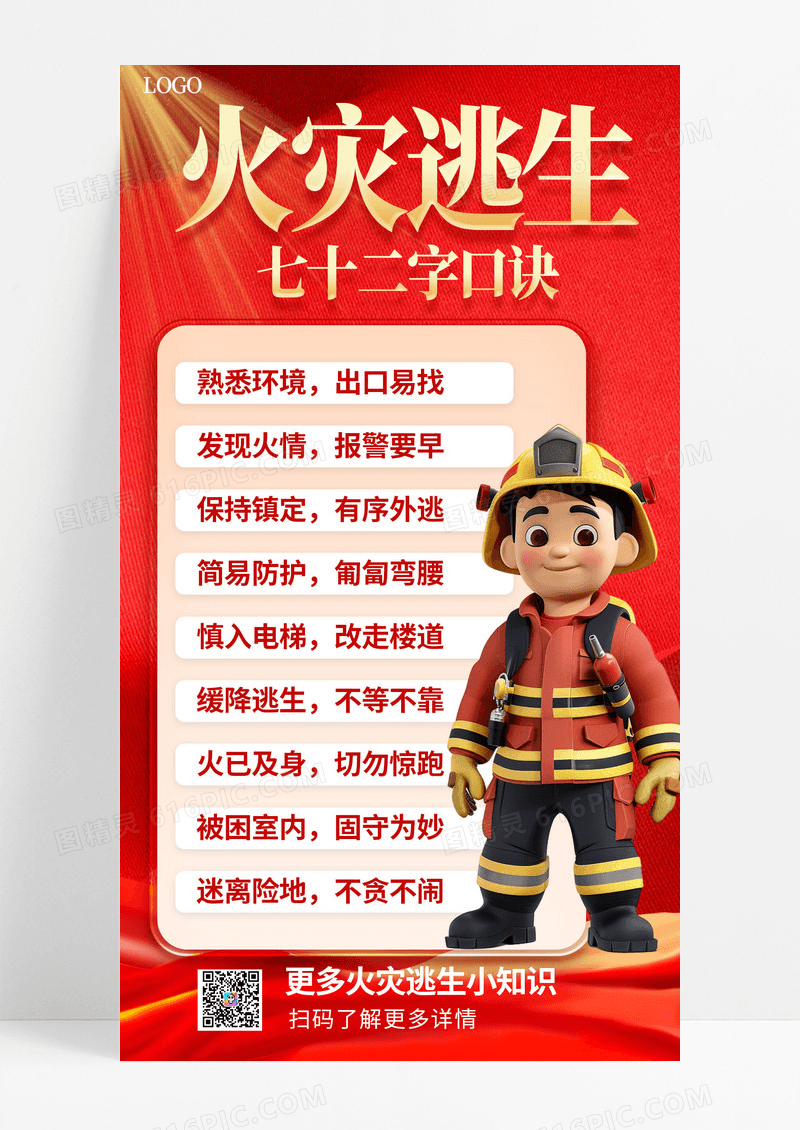 3D卡通火场火灾逃生72字口诀宣传公益消防手机海报海报素材