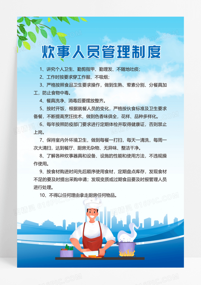 蓝天绿叶炊事人员食堂管理制度海报