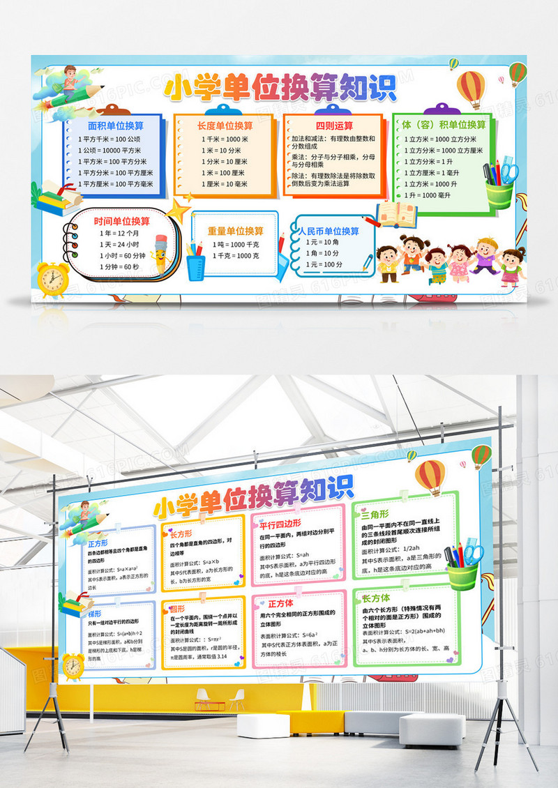 卡通简约风卡通小学数学单位换算口诀表展板