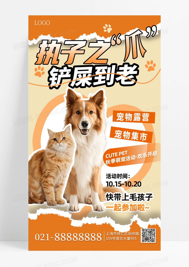 橘色简约秋季宠物活动猫狗手机海报海报素材