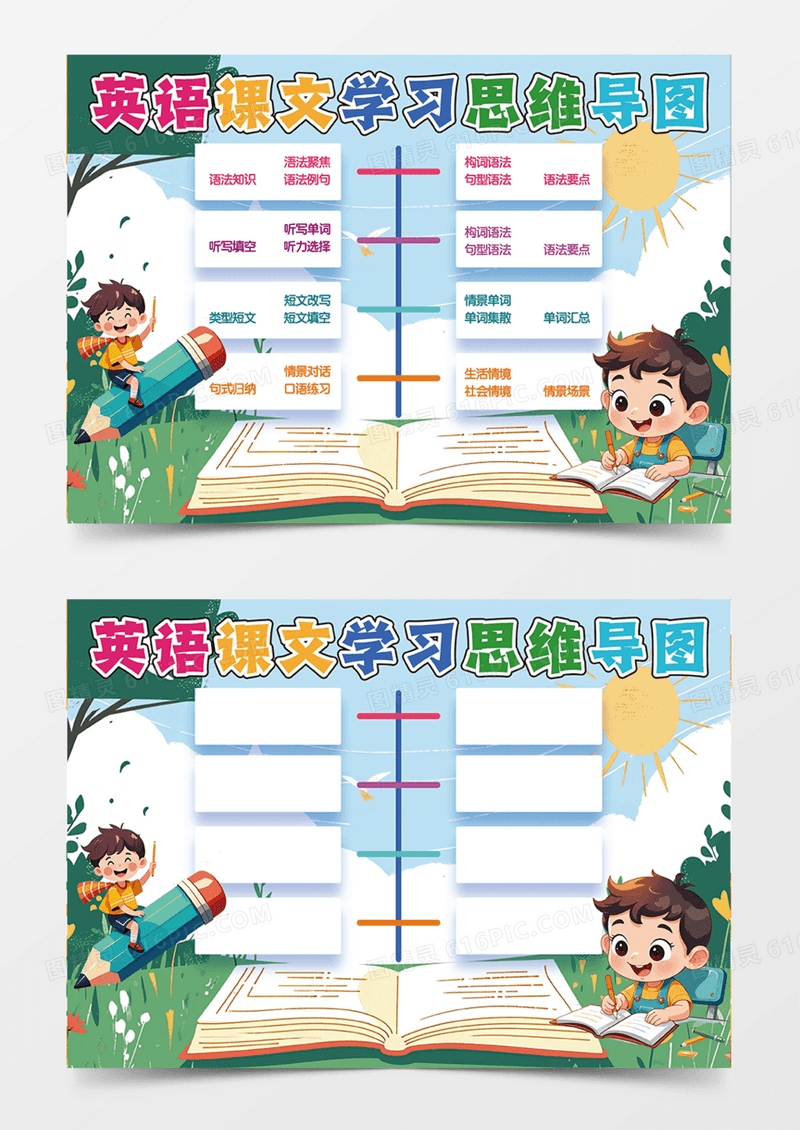 可爱手绘天空英语课文学习思维导图手抄报