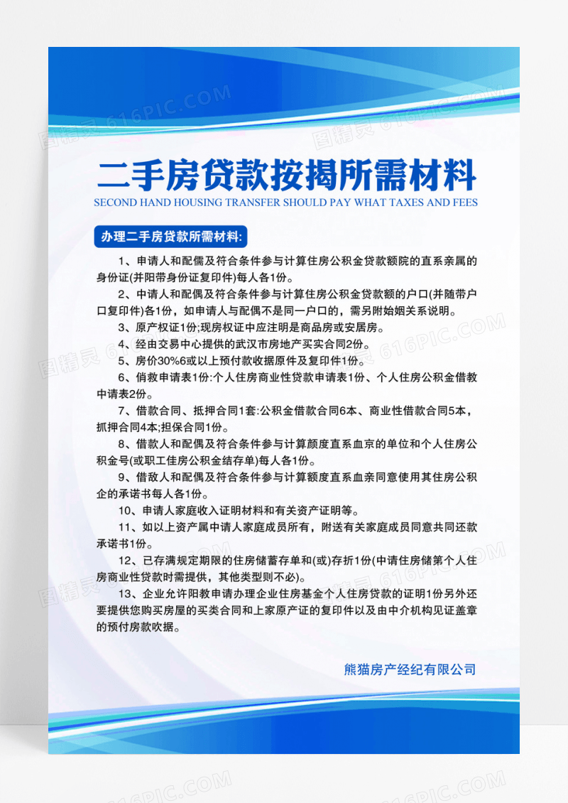 蓝色房产中介销售二手房贷款工作制度牌