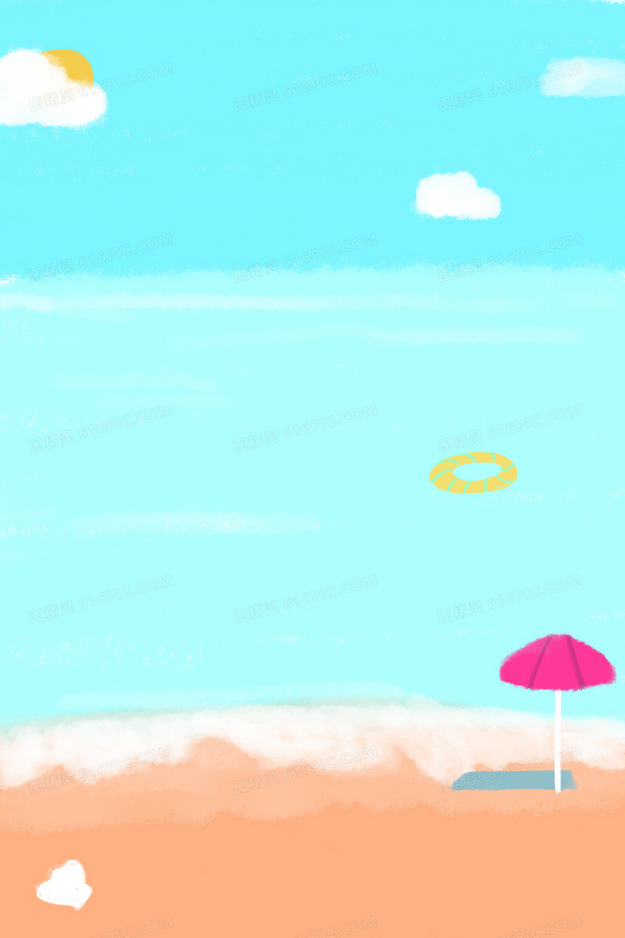 手绘蓝色卡通夏日海滩背景