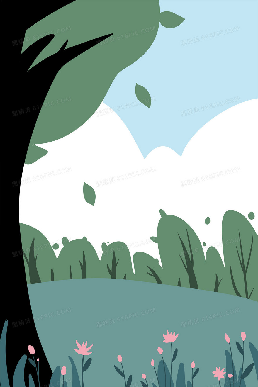 原创手绘树木花朵蓝天卡通背景