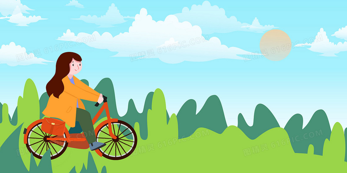 矢量骑自行车的女孩绿色卡通背景