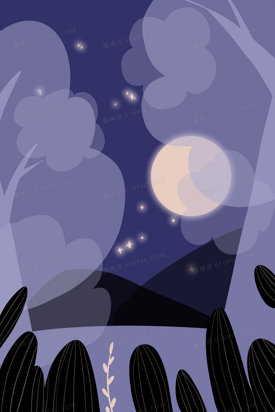 梦幻紫色手绘卡通月亮背景