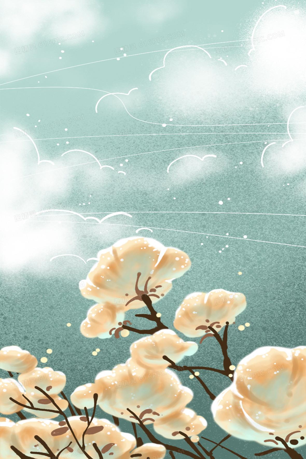 冷色蓝色秋日棉花丰收卡通插画背景