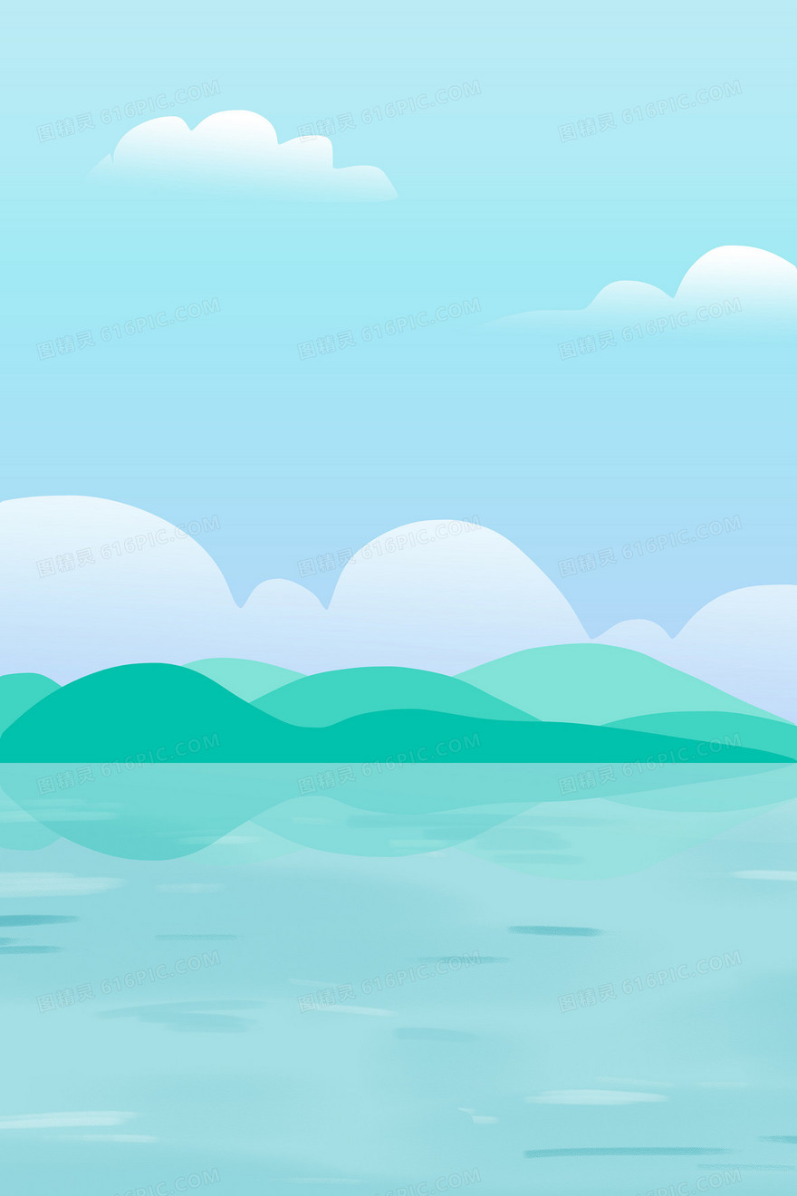 绿色手绘温柔的蓝天绿水插画背景