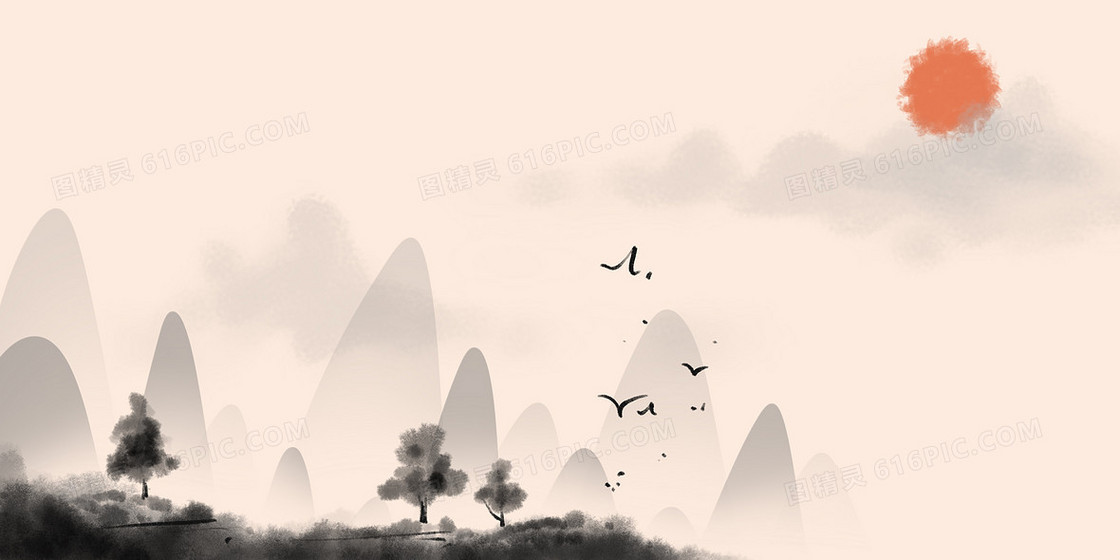 暖色黑白中国水墨风手绘插画背景