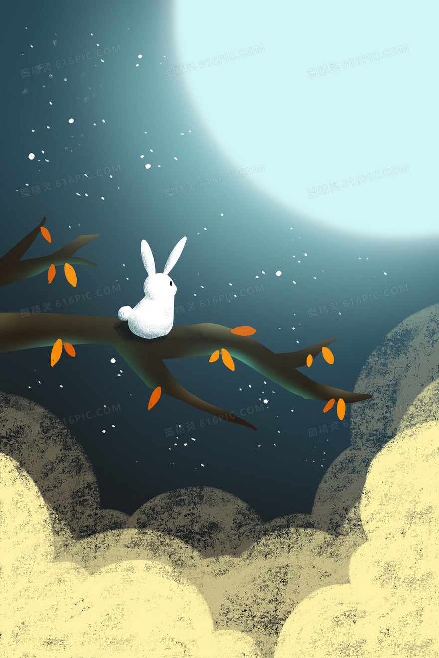 冷色夜晚中秋月亮兔子手绘插画背景