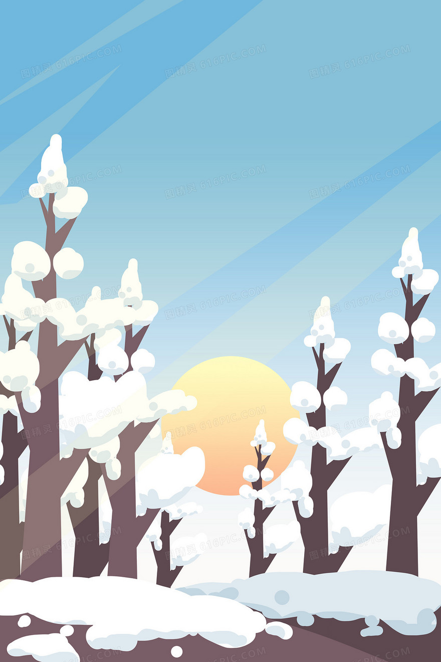 清新冬日暖阳森林雪地插画背景
