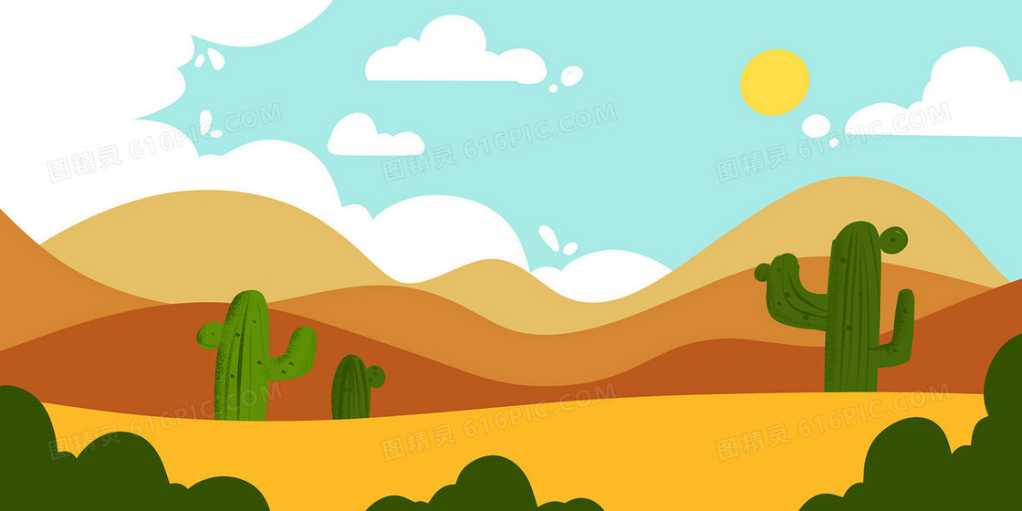 暖色夏日沙漠仙人掌手绘插画背景