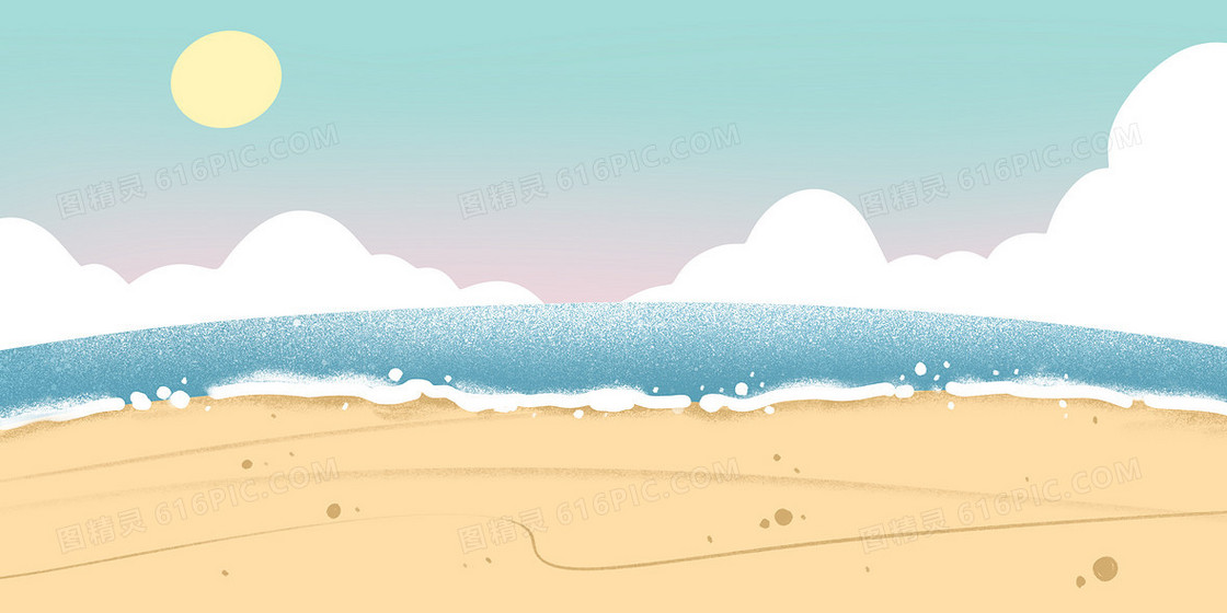 暖色夏日海边手绘沙滩插画背景