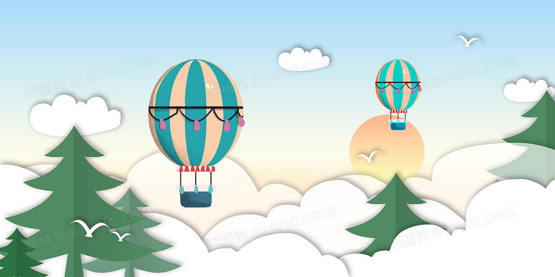 清新的卡通天空热气球背景