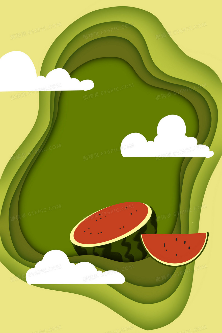 绿色夏日西瓜剪纸手绘插画背景