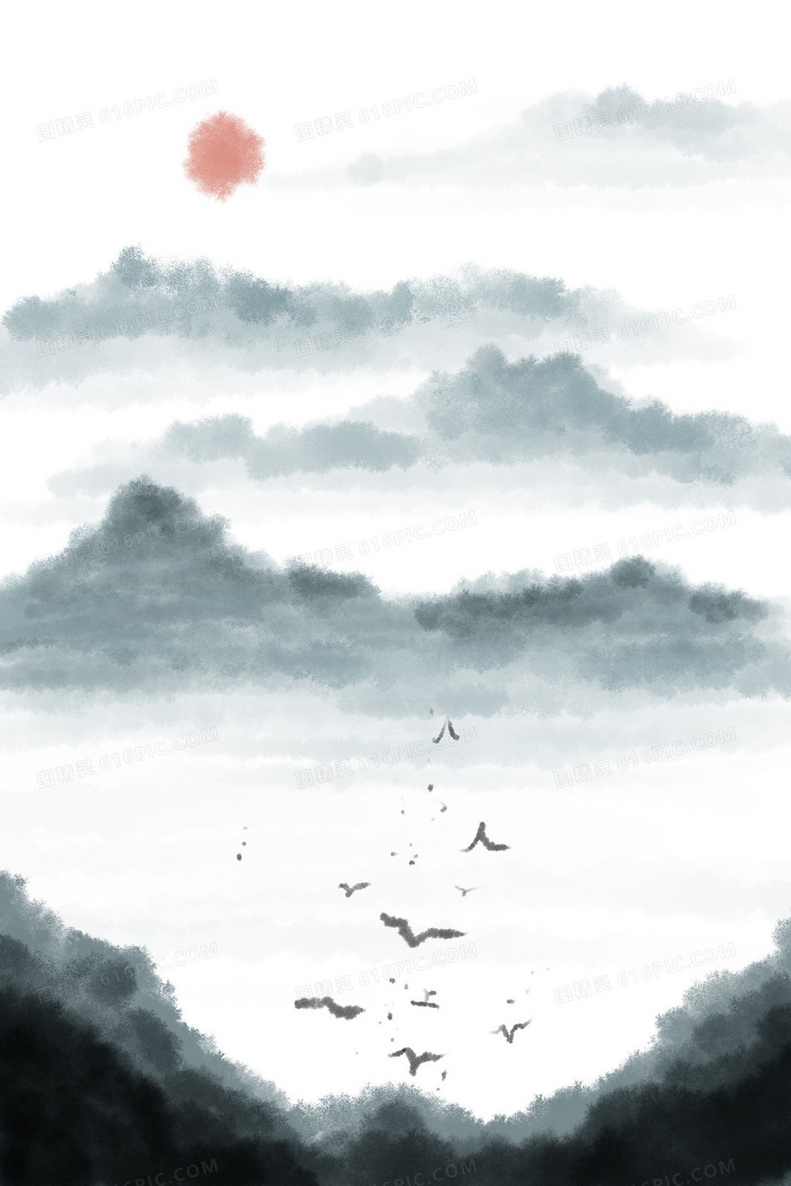 蓝色中国风手绘水墨山水插画背景