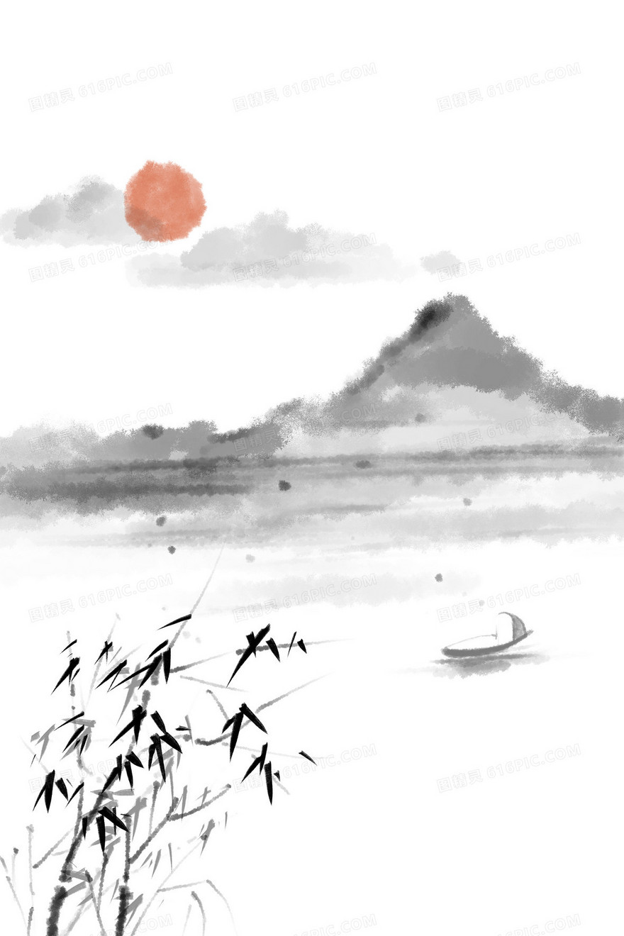 黑白国风水墨竹子山水手绘背景