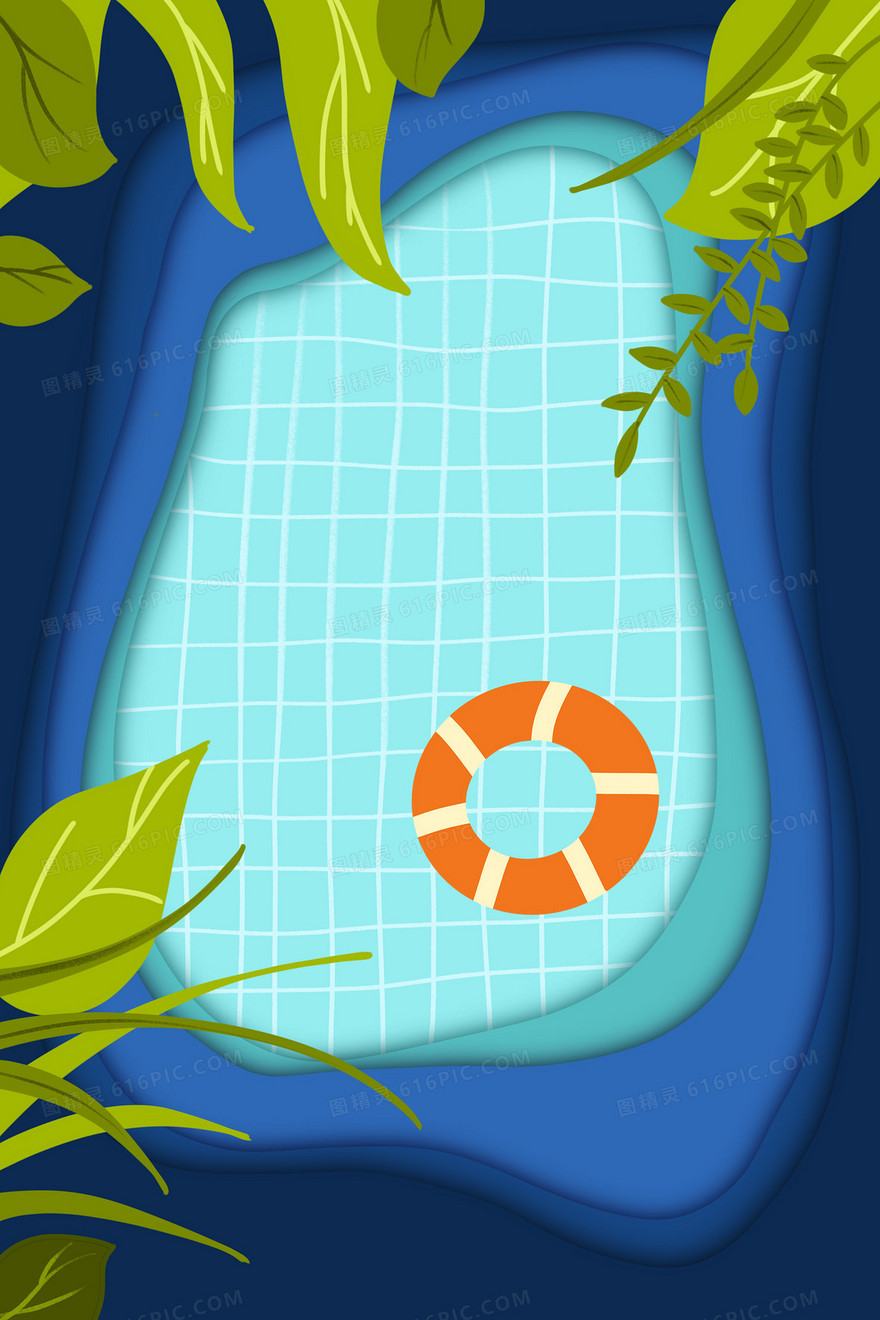 蓝色夏日泳池剪纸手绘插画背景
