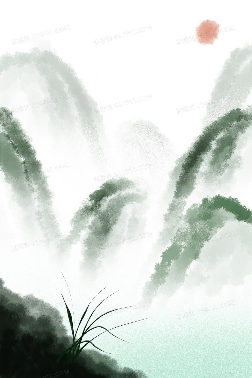 绿色中国风手绘山水插画背景