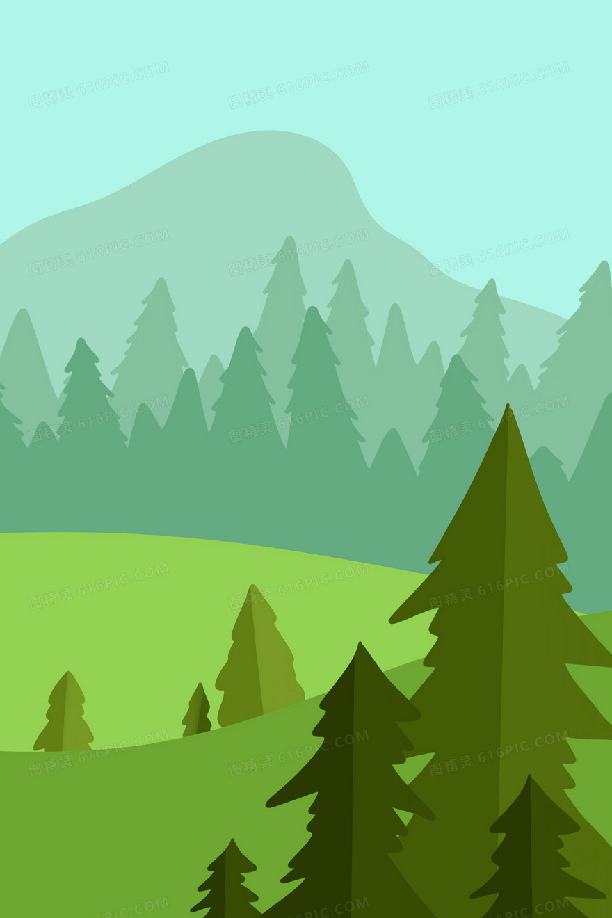 绿色夏日扁平风景松树手绘插画背景素材